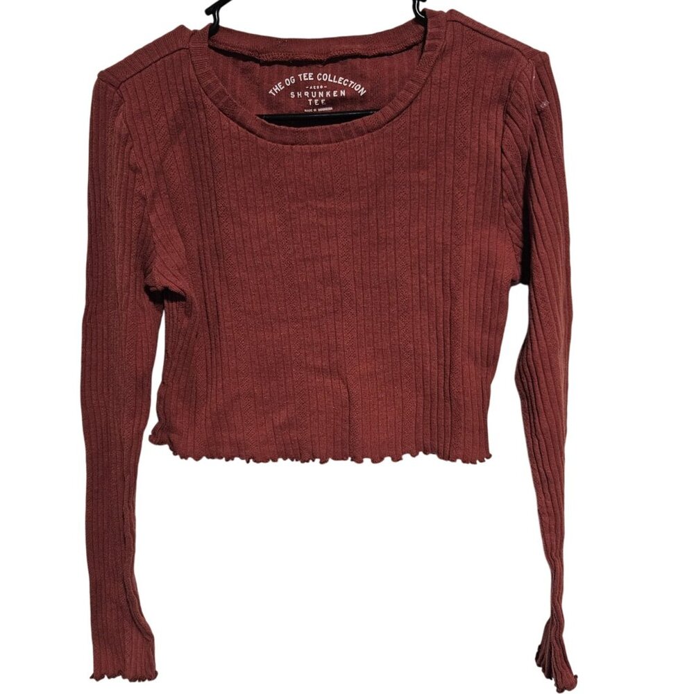 Brandy Melville Red Crop Top Womens Size Large Long Sleeve Ribbed Shrunken Tee